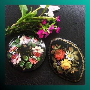 Vintage Russian painted lacquered pin lot of 2